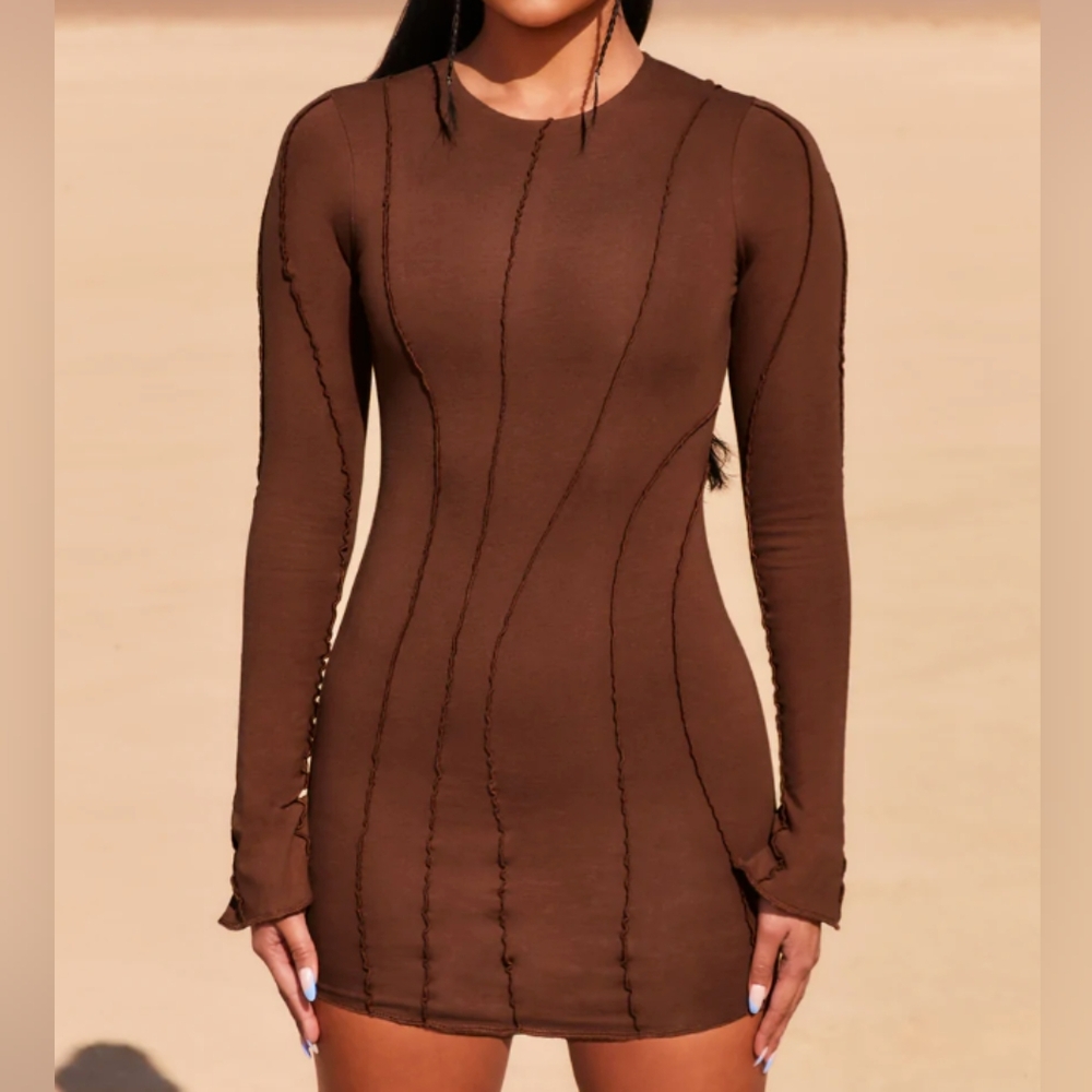 Oh Polly Mini Long Sleeve Brown Dress Size 6